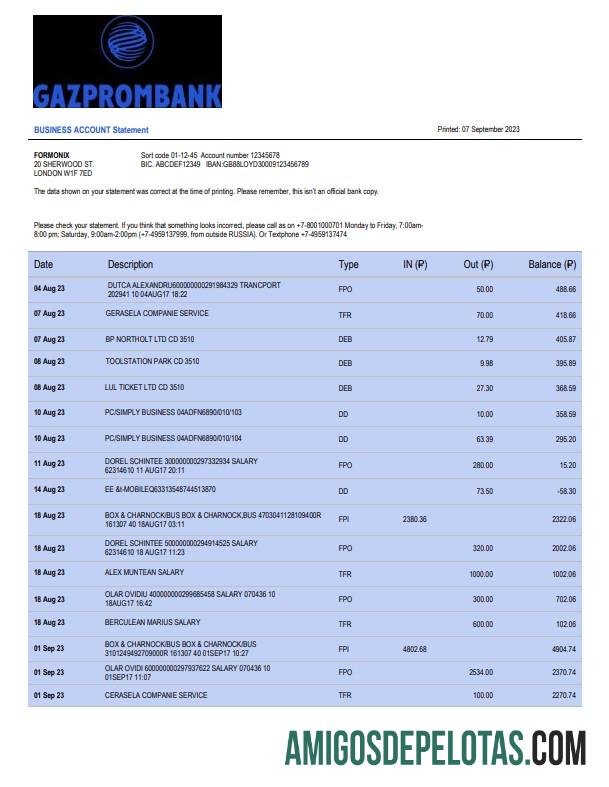 Em branco Extrato de conta firme do Gazprombank modelo Word e PDF